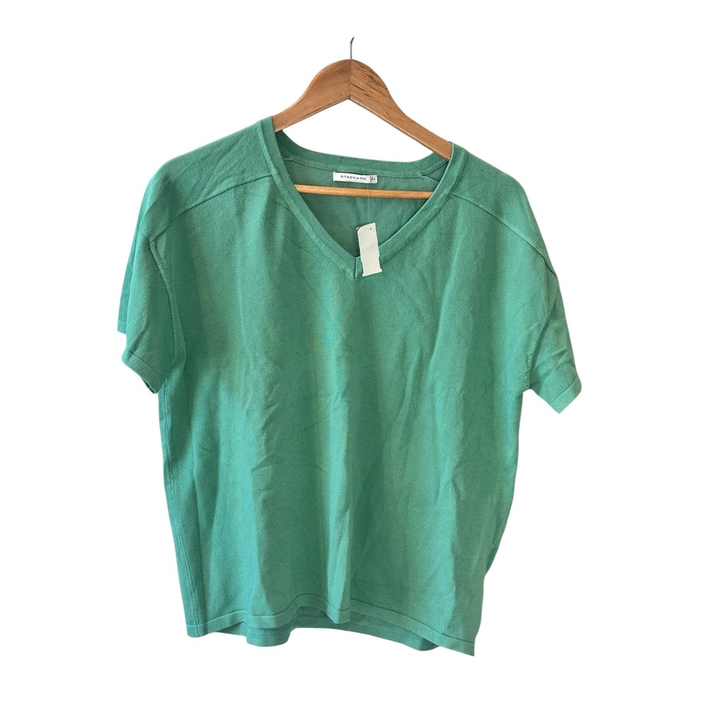 Staccato Women's Green V-Neck Short Sleeve Knit Sweater Top Large Office NWT